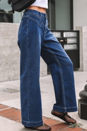 Sail Blue Stitched Waist Detail Loose Cuffed Jeans - Image 4