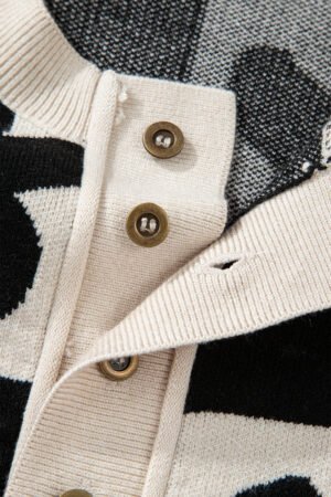 Black Flower Plaid Henley Baggy Sweater - Image 10