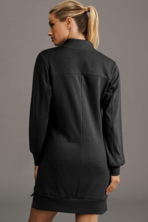 Alternative view of Black Zip up Collared Ribbed Patchwork Sweatshirt Dress with Pockets