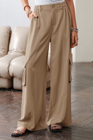 Camel Solid Color Elastic High Waist Loose Cargo Pants - Image 3