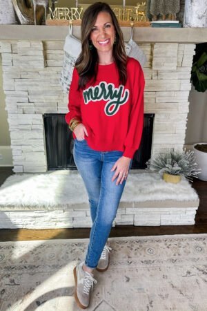 Fiery Red Merry Script Holiday Christmas Graphic Sweatshirt - Image 3