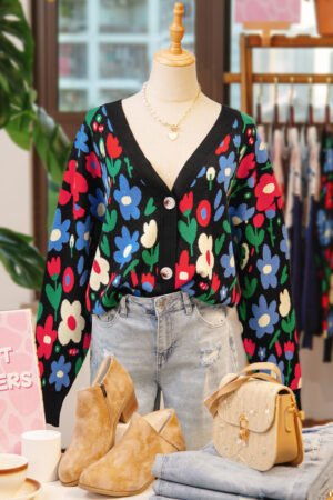 Black Floral Print V Neck Buttoned Short Cardigan Sweater - Image 9