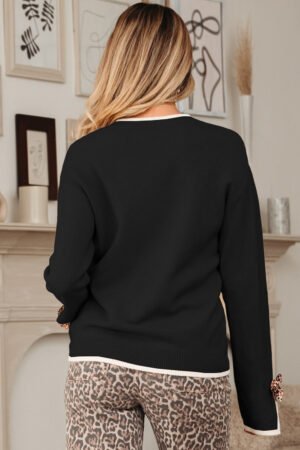 Alternative view of Black Leopard Bow Decor Split Cuff Contrast Trim Sweater