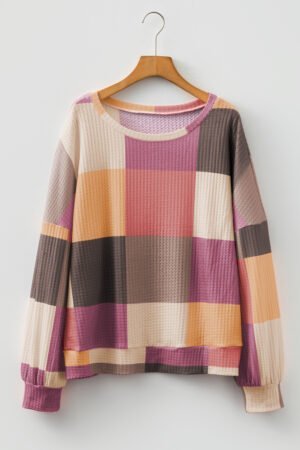 Rose Red Checkered Print Textured Knit Long Sleeve Loose Top - Image 5