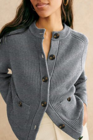 Medium Grey Chunky Buttoned Front Round Neck Cardigan Sweater - Image 4