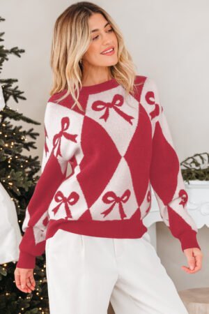 Red Bow Print 2-tone Rhombus Knit Loose Sweater - Image 4