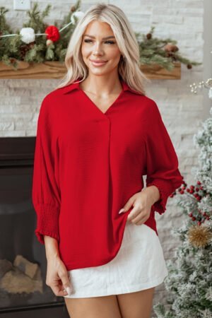 Fiery Red V Neck Collared Shirred 3/4 Sleeve Oversized Tunic Top - Image 4