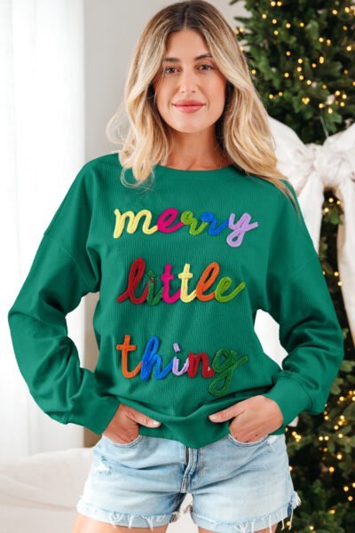 Dark Green merry little thing Corded Letter Graphic Ribbed Loose Sweatshirt