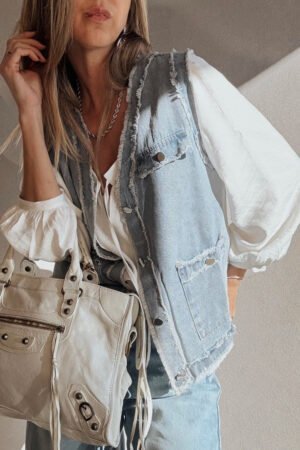 Beau Blue Frayed Edge Flap Pockets Denim Vest Jacket - Image 3