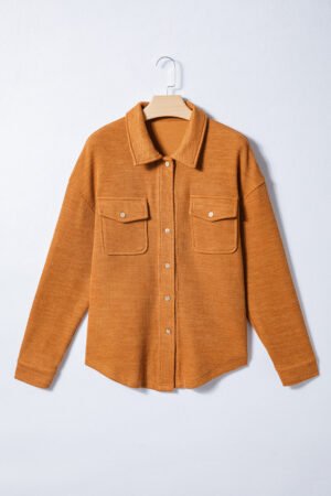 Russet Orange Flap Pocket Textured Knit Solid Color Casual Shacket - Image 3