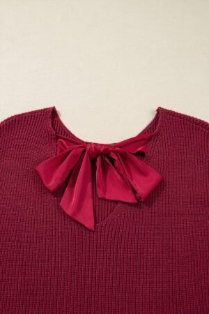 Red Dahlia Ribbed Knit Ribbon Knot Backless Drop Shoulder Sweater - Image 6