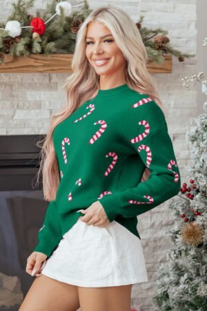 Dark Green Christmas Candy Cane Holiday Drop Shoulder Sweater - Image 5