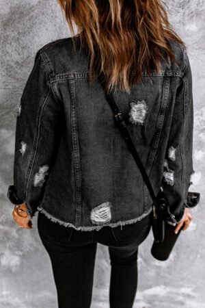 Alternative view of Black Lapel Distressed Raw Hem Buttons Denim Jacket