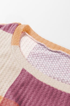 Rose Red Checkered Print Textured Knit Long Sleeve Loose Top - Image 10
