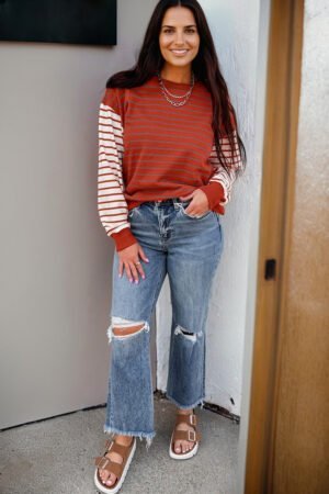 Orange Stripe Contrast Sleeve Patchwork Drop Shoulder Long Sleeve Sweatshirt - Image 7