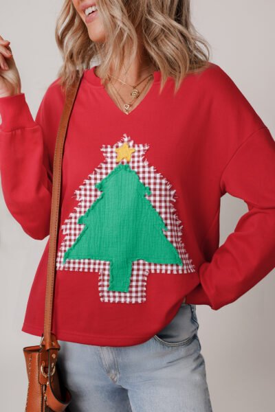Fiery Red Plaid Frayed Double Christmas Tree Patched Drop Shoulder Sweatshirt