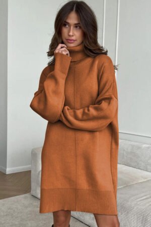 Gold Flame Solid Color Turtleneck Drop Shoulder Loose Sweater Dress - Image 4