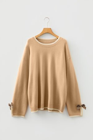 Tan Plus Size Leopard Bow Decor Split Cuffs Loose Sweater - Image 17