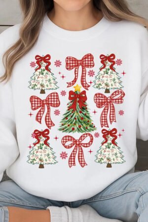 White Christmas Tree Ribbon Bow Printed Drop Shoulder Sweatshirt - Image 5