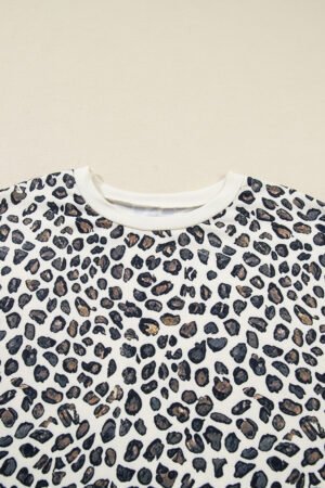 Khaki Plus Size Leopard Loose Pullover Casual Shorts 2pcs Outfit - Image 5