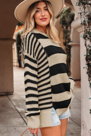 Black Stripe Drop Shoulder Sleeve Patchwork Baggy Sweater - Image 3