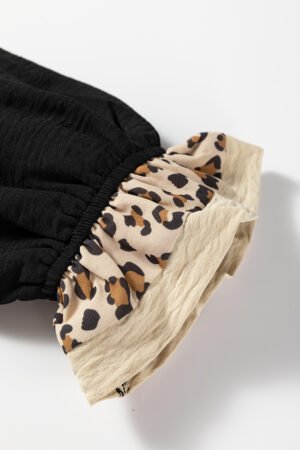 Black Contrast Leopard Print Patchwork Polo Collar Buttons Front Ruffled Long Sleeve Blouse - Image 7