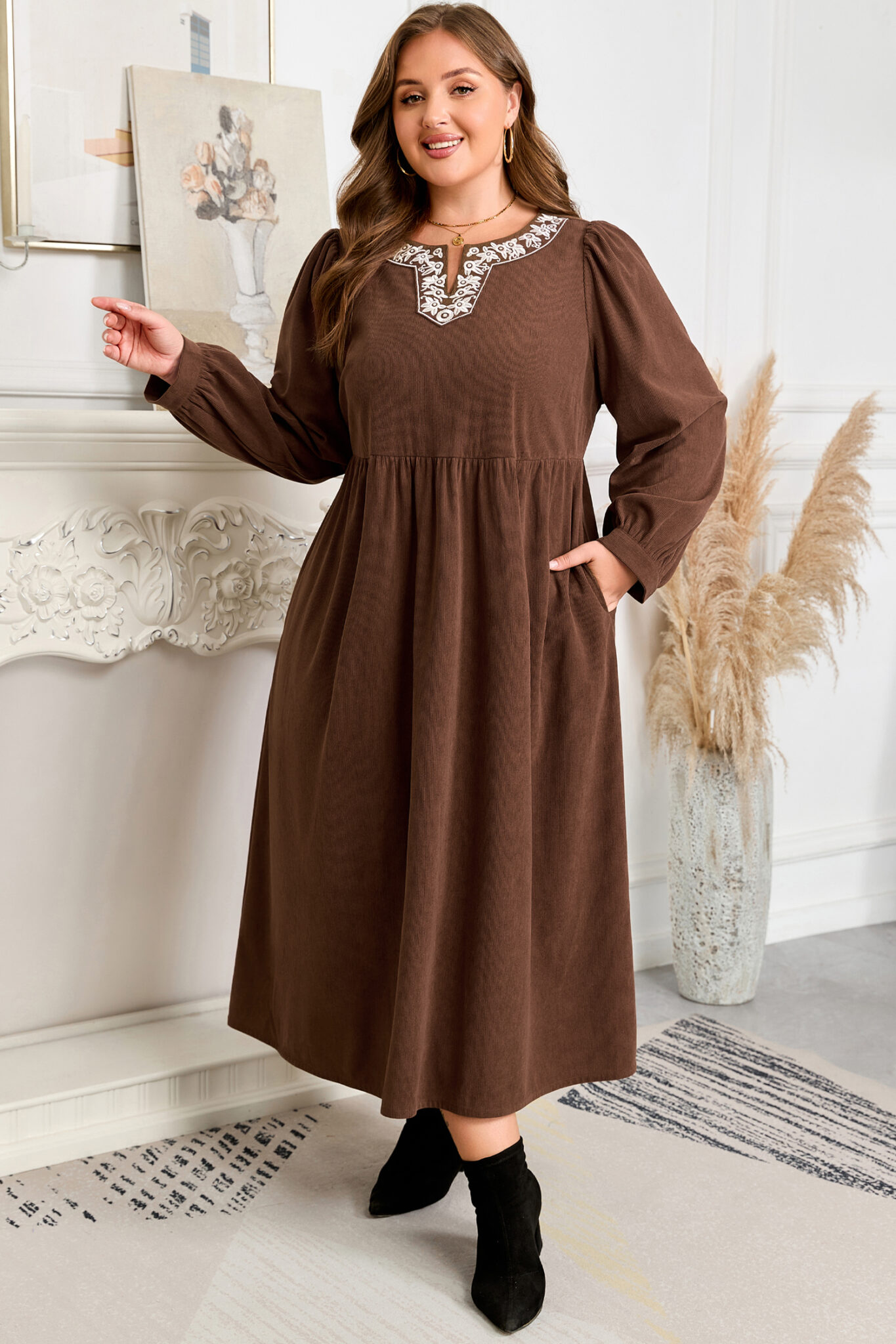 Coffee Embroidered Notched Neckline Textured Pleated High Waist Plus Size Midi Dress Coffee Embroidered Notched Neckline Textured Pleated High Waist Plus Size Midi Dress