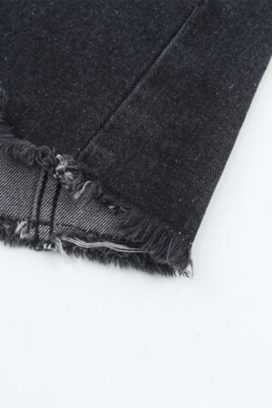 Black Lapel Distressed Raw Hem Buttons Denim Jacket - Image 8