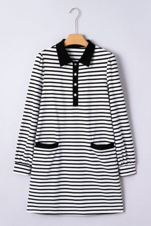 White Stripe Buttoned Front Collared Long Sleeve T Shirt Dress with Pockets - Image 3