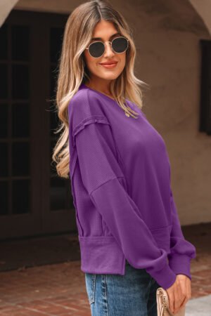Orchid Mist Solid Color Raw Seam Patchwork Ribbed Drop Shoulder Sweatshirt - Image 9