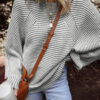 Medium Grey Striped Print Ribbed Knit Boat Neck Baggy Sweater
