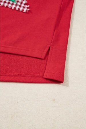Fiery Red Plaid Frayed Double Christmas Tree Patched Drop Shoulder Sweatshirt - Image 8
