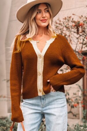 Chestnut Contrast Knit V Neckline Short Cardigan - Image 9