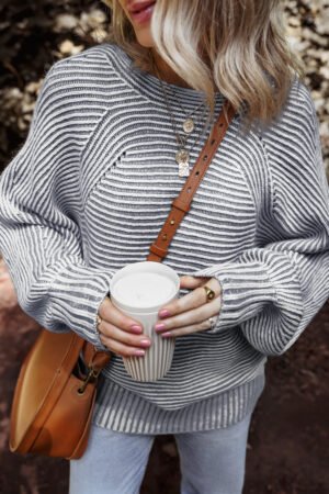 Ashleigh Blue Striped Print Ribbed Knit Boat Neck Baggy Sweater