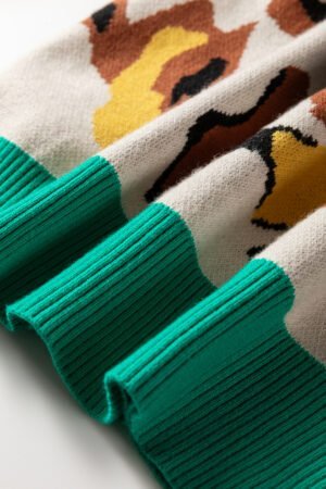 Apricot Contrast Ribbed Stripes Detail Animal Pattern Knit Sweater - Image 8