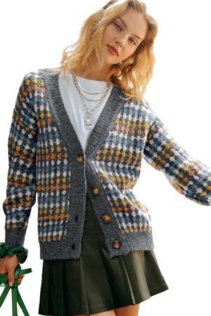 Gray Dotty Pattern Knit Button Front V Neck Sweater Cardigan - Image 12