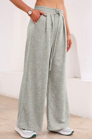 Gray Tied Elastic High Waist Pleated Detail Solid Sweatpants - Image 3