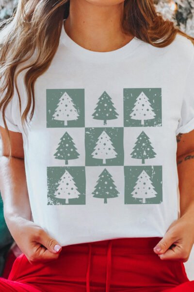 White Christmas Tree Checkered Distressed Graphic Oversize Tee