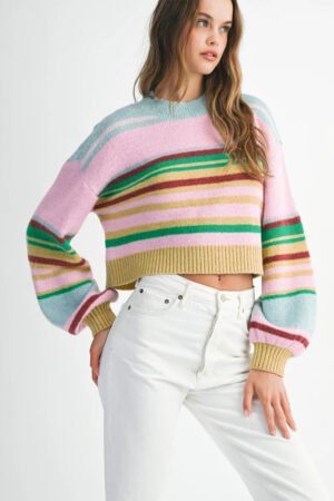 Multicolour Striped Knit Ribbed Trim Boxy Fit Cropped Sweater - Image 5