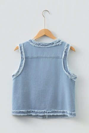 Beau Blue Frayed Edge Flap Pockets Denim Vest Jacket - Image 7