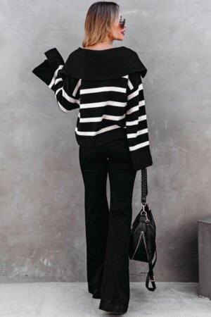 Black Caped V Neck Slit Sleeve Striped/Solid Sweater - Image 2