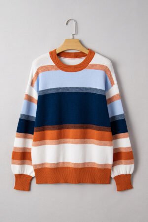 Dark Blue Color Block Round Neck Tunic Sweater