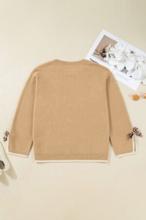 Tan Plus Size Leopard Bow Decor Split Cuffs Loose Sweater - Image 4