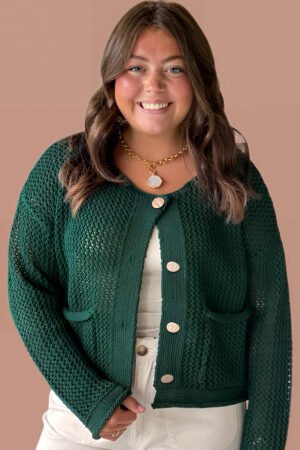 Blackish Green Plus Size Golden Accent Buttons Short Sweater Cardigan - Image 3
