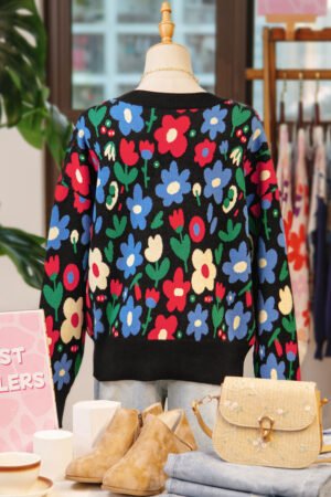 Black Floral Print V Neck Buttoned Short Cardigan Sweater - Image 10