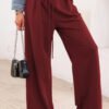 Burgundy Tied Elastic High Waist Pleated Detail Solid Sweatpants