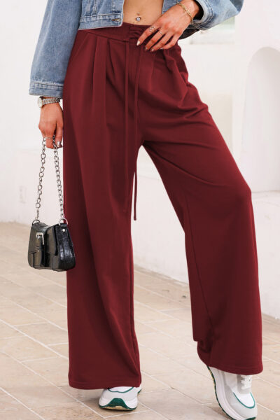 Burgundy Tied Elastic High Waist Pleated Detail Solid Sweatpants