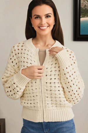 Beige Hollowed Pattern Knit Zip Up Drop Shoulder Sweater Cardigan - Image 15