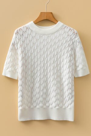 White Fish Scale Textured Knit Ribbed High Neck Short Sleeve Sweater - Image 7