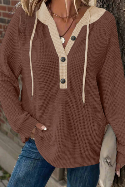 Coffee Waffle Contrast Half Buttoned Hooded Pullover Top